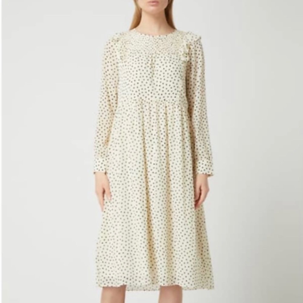 Madewell Smocked Ruffle Shoulder Midi Dress Dots Inkbrush Women's Small